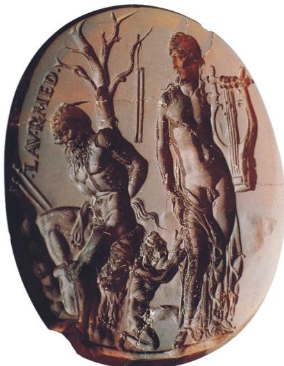 Fig.  49: Dioskourides, Apollo, Marsyas and Olympus, 1st century BC, carnelian, 4 x 3.4 cm, National Archaeological Museum, Naples, 26051; <https://commons.wikimedia.org/wiki/ File:Seal_of_Nero.jpg> (accessed on 4  March 2025).