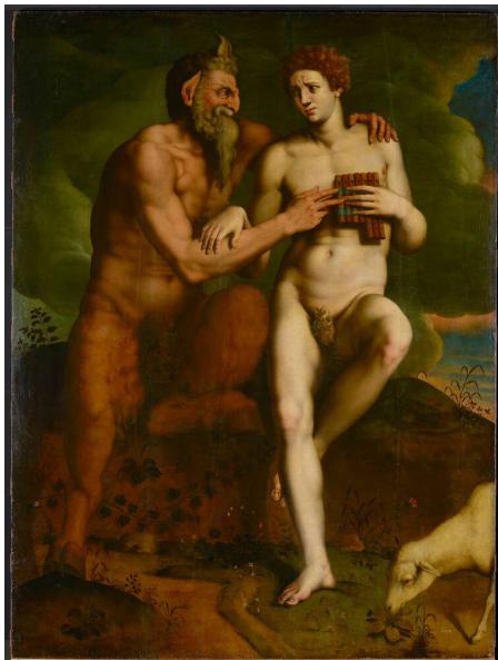 Fig. 50: School of Girolamo Romano, Pan and Daphnis, c. 1500–50, oil/wood, 24.8 x 18.7 cm, Old Masters Picture Gallery, Dresden, 104; <https://skd-online-collection.skd.museum/ Details/Index/295152> (accessed on 4 March 2025).；Fig.  51: Sandro Botticelli, Idealised Portrait of a Lady (Portrait of Simonetta Vespucci as Nymph), 1480–85, mixed technique/wood, 81.3 x 54 cm, Städel Museum, Frankfurt, 936; https://staedelmuseum.de/go/ds/936 (accessed on 4 March 2025).