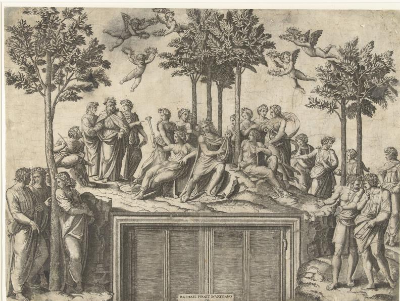 Fig. 61: Marcantonio Raimondi after Raphael, Parnassus, 1517–20, copperplate engraving, 34.4 x 46.4  cm, Rijksmuseum, Amsterdam, RP-P-OB-12.130; https://id.rijksmuseum.nl/200123922 (accessed on 4 March 2025).