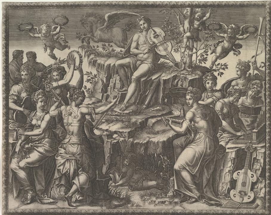 Fig. 63: Giorgio Ghisi after Luca Penni, Apollo and the Muses, c. 1557, copperplate engraving, 33 x 41.5 cm, Metropolitan Museum of Art, New York, 49.95.11; <https://www.metmuseum.org/art/ collection/search/367534> (accessed on 4 March 2025).