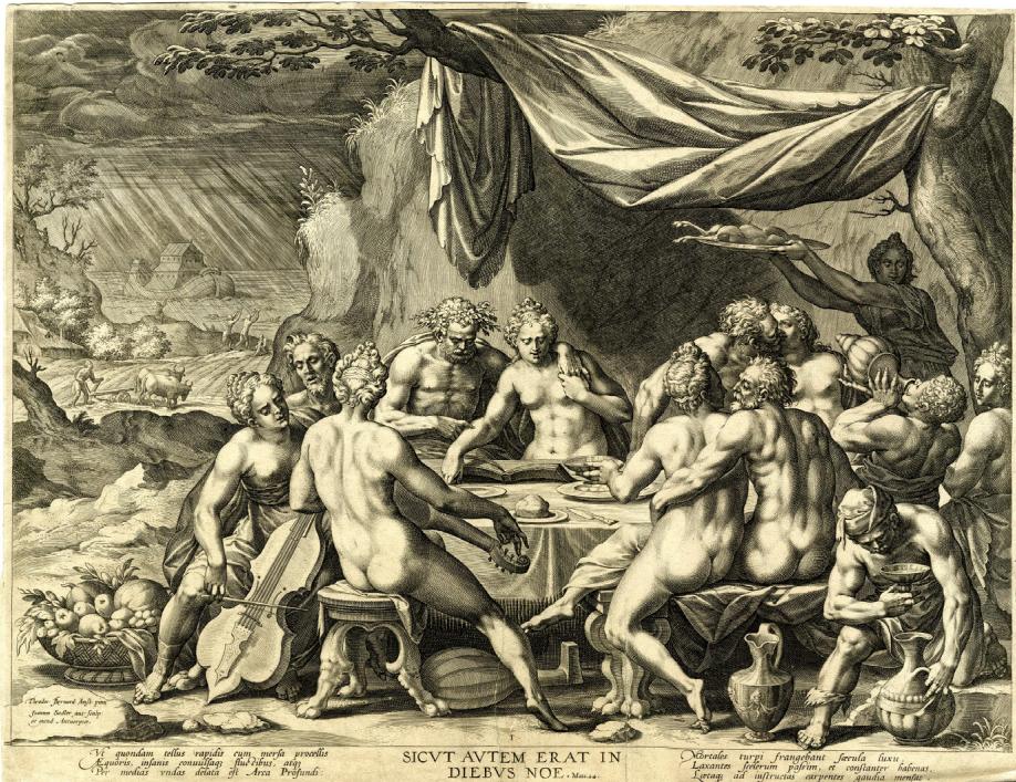 Fig. 73: Jan Sadeler I after Dirck Barendsz, Mankind before the Flood, 1581–5, coloured copperplate engraving, 34.7 x 44.7 cm, The British Museum, London; https://www.britishmuseum.org/collection/object/P\_D-5-61 (accessed on 4 March 2025).
