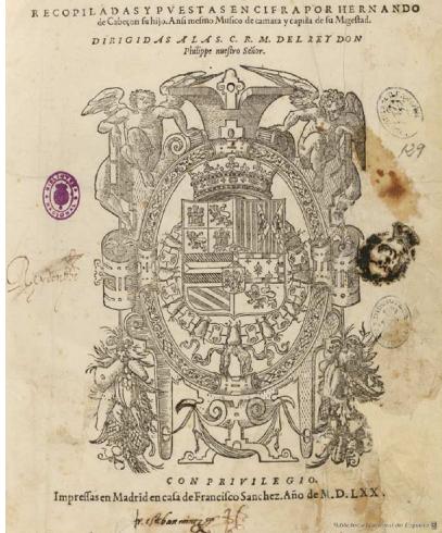 Fig. 1: Frontispiece of Hernando de Cabezón, Obras de música (Madrid, 1578).