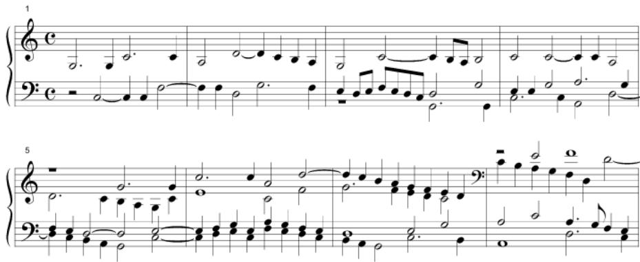 Ex. 10: Antonio Valente, ‘Verso primo sopra dell’Ut’, bb. 1–8, from Versi spirituali sopra tutte le note (Naples, 1580), 1.