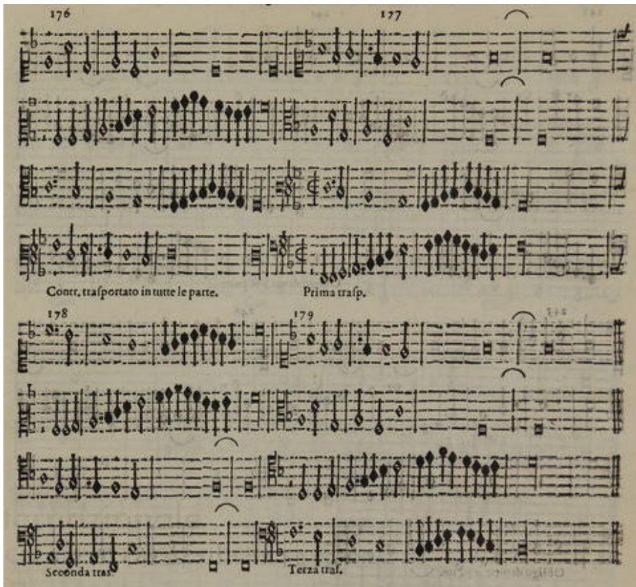 Ex. 15: ‘Accadenzie di Gabriel Fattorini’ from Diruta, Seconda parte del Transilvano (Venice, 1609), lib. ii, p. 19.