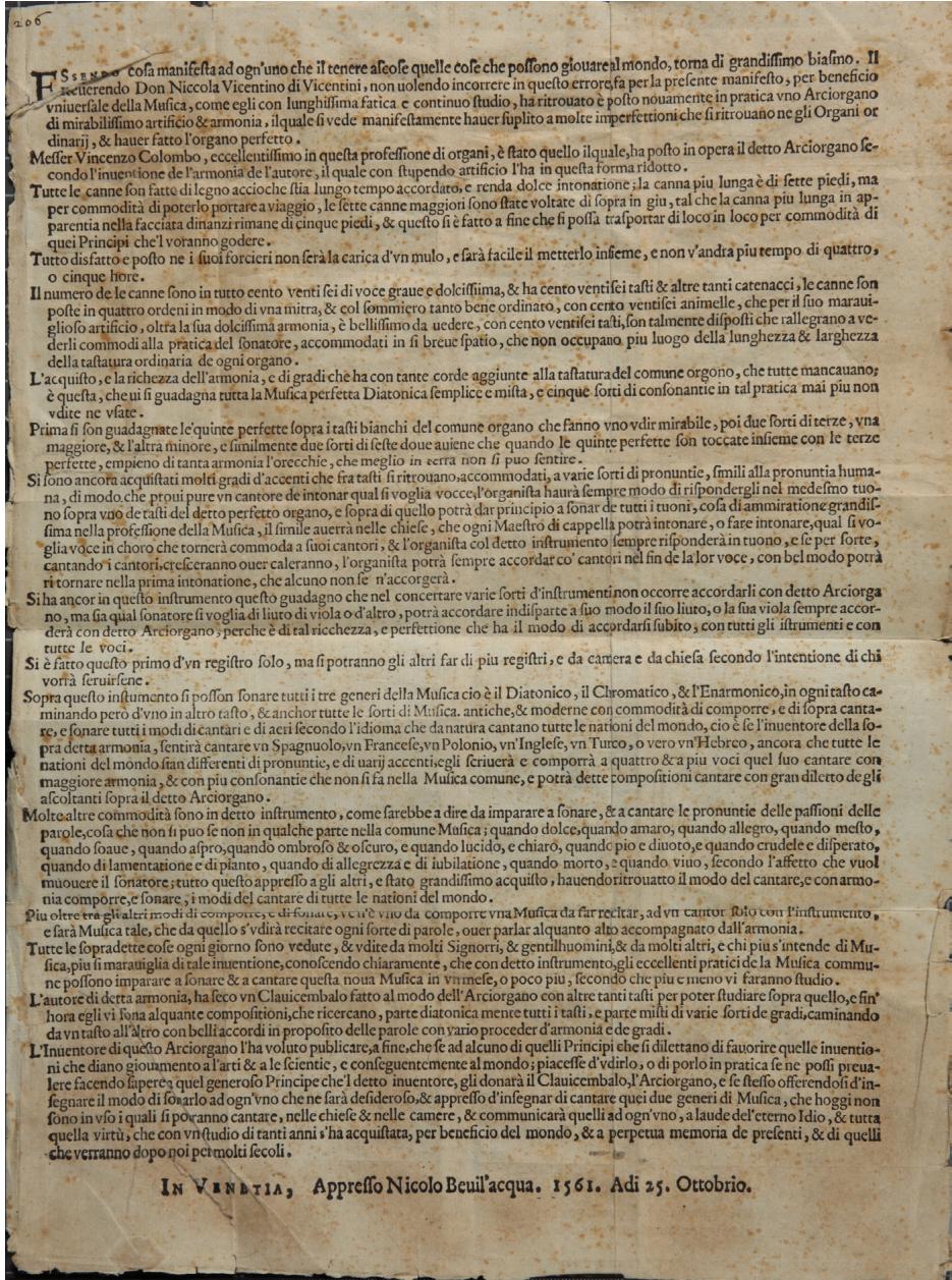 Fig. 8: Advertising sheet of the arciorgano, Venice 1561 (Museo internazionale e biblioteca della musica di Bologna, C.32).