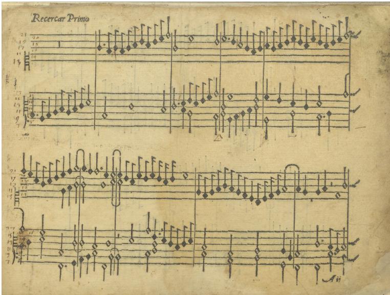 Fig.  10: Jacques Buus, ‘Recercar primo’, Intabolatura d’organo di recerari di M. Giaques Buus (Venice, 1549), fol. Aiir. Library of the Brussels Conservatories, B-Bc 26.671.