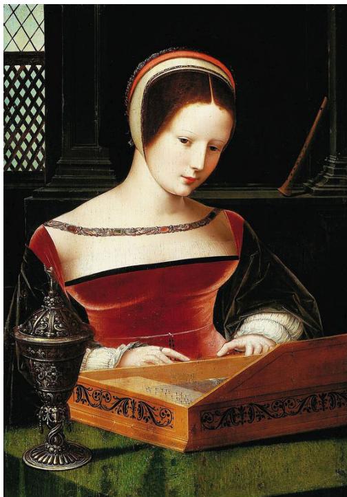 Fig. 1: Master of the Female Half-Lengths, Lady Playing a Clavichord, 1530, oil/ wood, 44 x 31  cm, National Museum in Poznan, FR 442 / Mo 115; <https://commons.wikimedia.org/wiki/File:Master_ of_Fem ale_Half_Lengths_Lady.jpg> (accessed on 4 August 2025).
