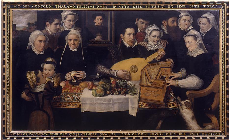 More elaborate is the decoration of the virginal in the family portrait at the Stadsmuseum Lier by Frans Floris, 1561, which likely shows the Berchem family (Fig. 3). The presumptive man of the house plays the lute, his wife the virginal. The virginal’s case bears symbols of love, in particular a pair of doves. The soundboard, featuring a rose and painted with scattered flowers, is a representative example of the Flemish decorative practice that arose during the mid-16th century.；Fig. 3: Frans Floris, Portrait of the Family van Berchem, 1561, oil/wood, 130 x 227 cm, Stadsmuseum Lier, 0052; https://commons.wikimedia.org/wiki/File:Frans\_Floris\_002.jpg (accessed on 4 March 2025).