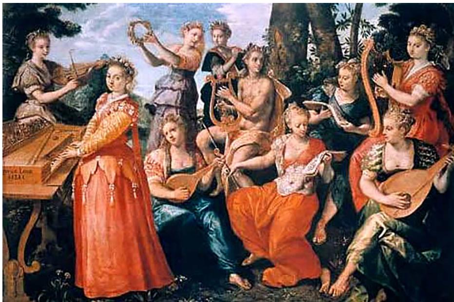 Fig. 4: Marten de Vos, Apollo and the Muses, c.1570 (?), oil/wood, 44.5 x 63.5 cm, Royal Museums of Fine Arts of Belgium, 3882; <https://de.wikipedia.org/wiki/Datei:Apollo_and_the_Muses_by_ Marten_de_Vos_(1570).jpg> (accessed on 4 March 2025).