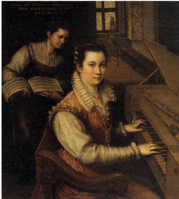 Fig.  5: Lavinia Fontana, Self-Portrait at the Clavichord with a Servant, 1577, oil/canvas, 27 x 23.8 cm, Accademia Nazionale di San Luca, Rome, 743; <https://commons.wikimedia.org/wiki/ File:Lavinia_Fontana_-_Self-Portrait_at_the_Spinet_-_WGA07985.jpg> (accessed on 4 March 2025).