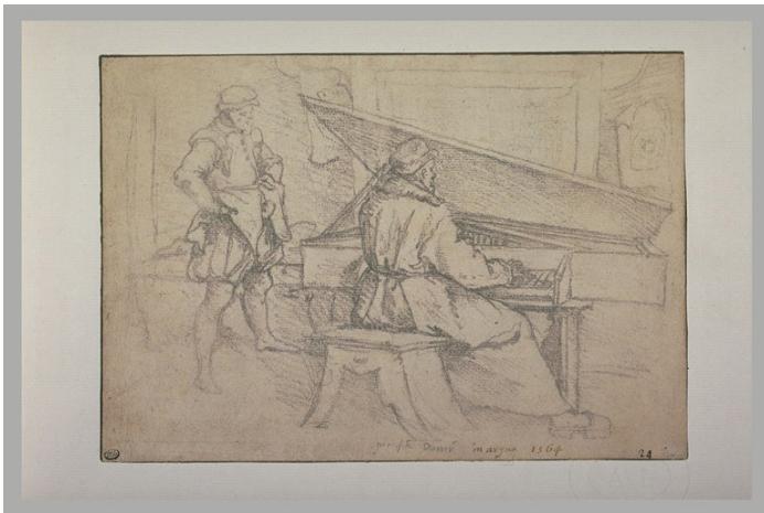 Fig. 6: Federico Zucchero, Man at the Claveçin, 1564, pencil, 15.4 x 22 cm, Louvre, Paris, 4576; <http://arts-graphiques.louvre.fr/detail/oeuvres/5/101833-Un-homme-debout-ecoutant-un musicien-jouant-du-clavecin-max> (accessed on 27 February 2025)