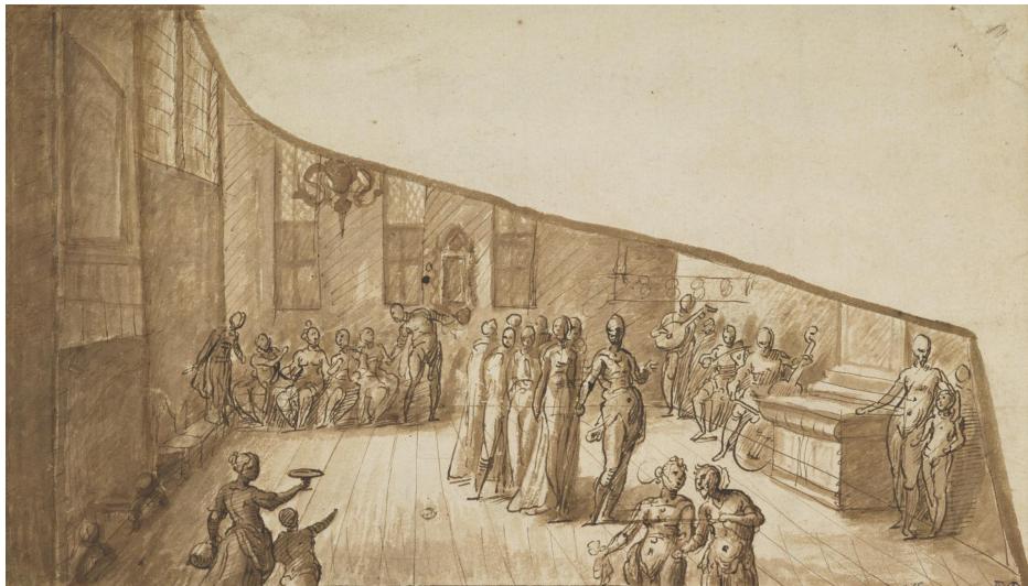 Fig. 9: Anon., People Dancing and Making Music, c. 1560–70, pen, brown ink and wash/paper, 17.2 x 29.5  cm, National Galleries of Scotland, D665; https://www.nationalgalleries.org/artand-artists/14199/study-lid-harpsichord-people-dancing-and-making-musicc (accessed on 4 March 2025).