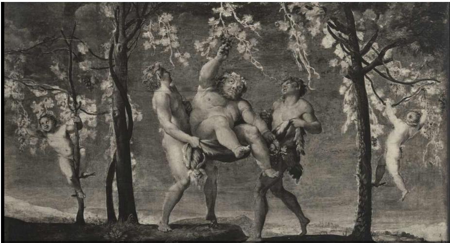 Fig. 14: Annibale (and Agostino?) Carracci, Silenus Gathering Grapes, 1597–1600, photograph of its reworked state; <http://catalogo.fondazionezeri.unibo.it/scheda/fotografia/106921/National%20 Gallery%252C%20London%25C2%25A0%25E2%2580%2594%25C2%25A0Carracci%20 Annibale%20-%20sec.%20XVI%20XVII%20-%20Sileno%20coglie%20grappoli%20d%2527uva> (accessed on 4 March 2025).