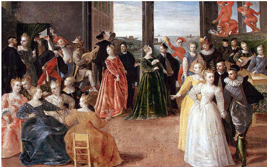 Fig. 15: Hieronymus Francken II (?), Venetian Dancers with Commedia dell Arte Troupe, c. 1600, oil/wood, 41.2 x 64.7 cm, Suermondt-Ludwig-Museum Aachen, GK 159; https://commons.wikimedia.org/wiki/File:Hieronymus\_Francken\_I\_-\_Carnival\_in\_Venice.jpg#file (accessed on 4 March 2025).