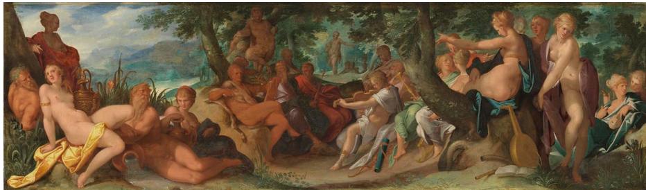 Fig.  16: Bartholomäus Spranger, Contest between Apollo and Pan, c.  1587, oil/wood, 39.8 x 132.5  cm, Bayerische Staatsgemäldesammlungen (on permanent loan to the Germanisches Nationalmuseum Nuremberg, Gm 1100); <https://www.sammlung.pinakothek.de/en/artwork/ jpxeyknxJ7> (accessed on 4 March 2025).