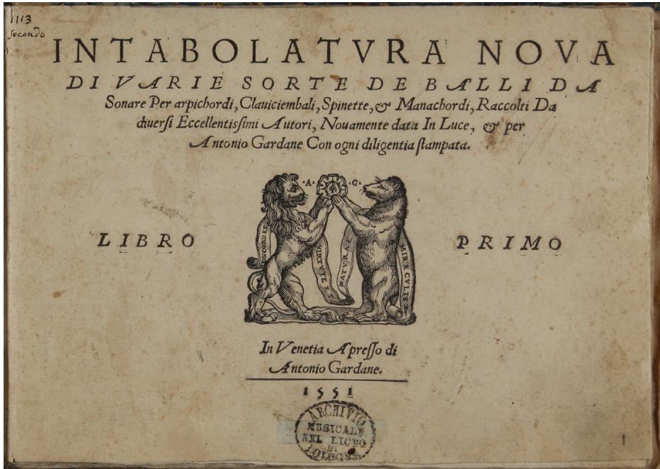 Fig. 1: Title-page of the Intabolatura nova (Venice, 1551) (© Museo internazionale e biblioteca della musica di Bologna, http://www.museibologna.it/musica).