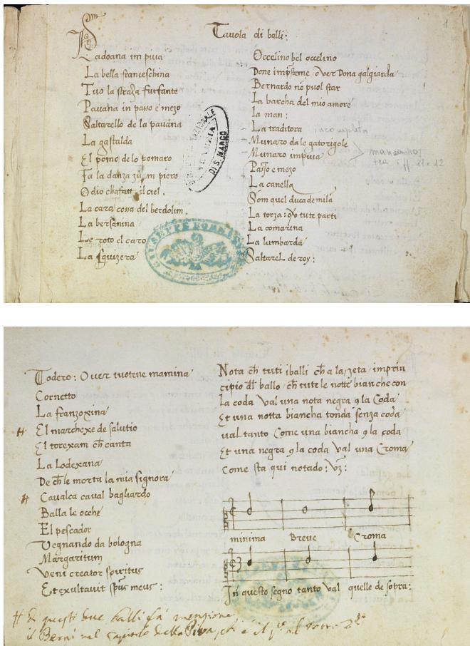 Fig. 4: Tavola di balli in: I-Vnm, Ms. it. Cl. IV, n. 1227 (coll. 11699), fol. 1r and fol. 1v (su concessione del Ministero della Cultura – Biblioteca Nazionale Marciana. Divieto di riproduzione).