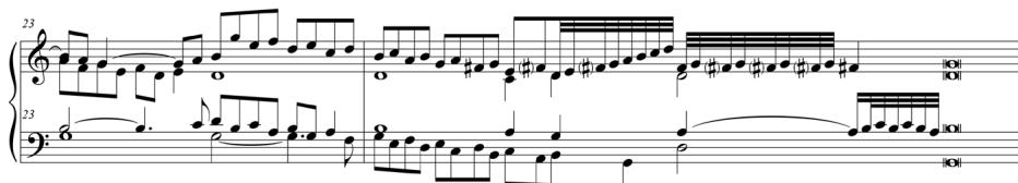 Ex. 9c: Ascanio Mayone, ‘Toccata prima’, mm. 20–24, transcribed from Mayone, Primo libro di diversi capricci per sonare (Naples, 1603), 39–43. Transcribed into modern keyboard notation from open score.