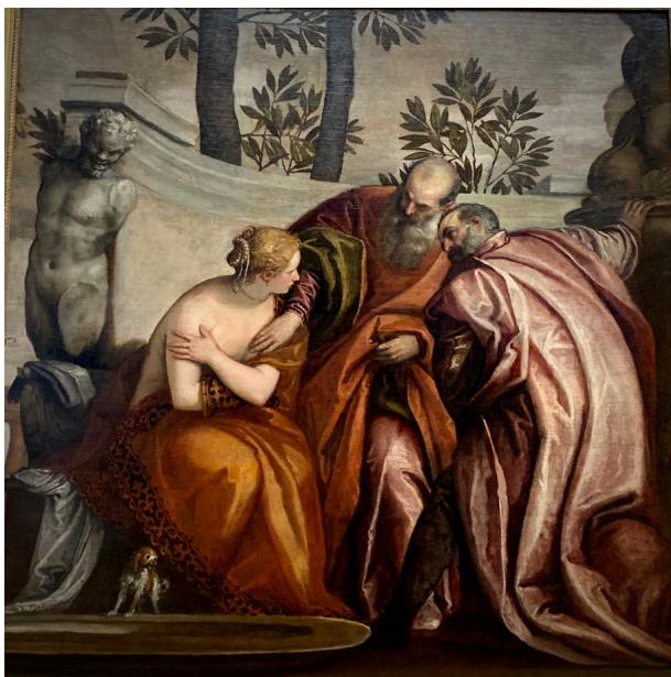Fig. 7: Jacopo or Domenico Tintoretto, Susanna bathing / Susanna and the Elders (c. 1555/56), Kunsthistorisches Museum, Vienna, Inv.  no. Gemäldegalerie 1530, <http://www.khm.at/de/ object/1564/> (accessed on 20 July 2024).；Fig. 8: Paolo Veronese, Susanna and the Elders, Musée du Louvre, Paris, Inv. no. INV 137 MR 388, https://collections.louvre.fr/ark:/53355/cl010061271 (accessed on 20 July 2024).