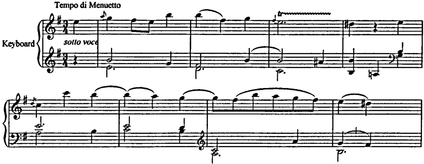 In each of the subsequent forte versions of the theme the texture becomes progressively more active (see example 5.3). At bar 16 the minim-crotchet pulse is replaced by running quavers in the keyboard right-hand part, which has the effect of filling out the harmony as well as being more rhythmically involved.