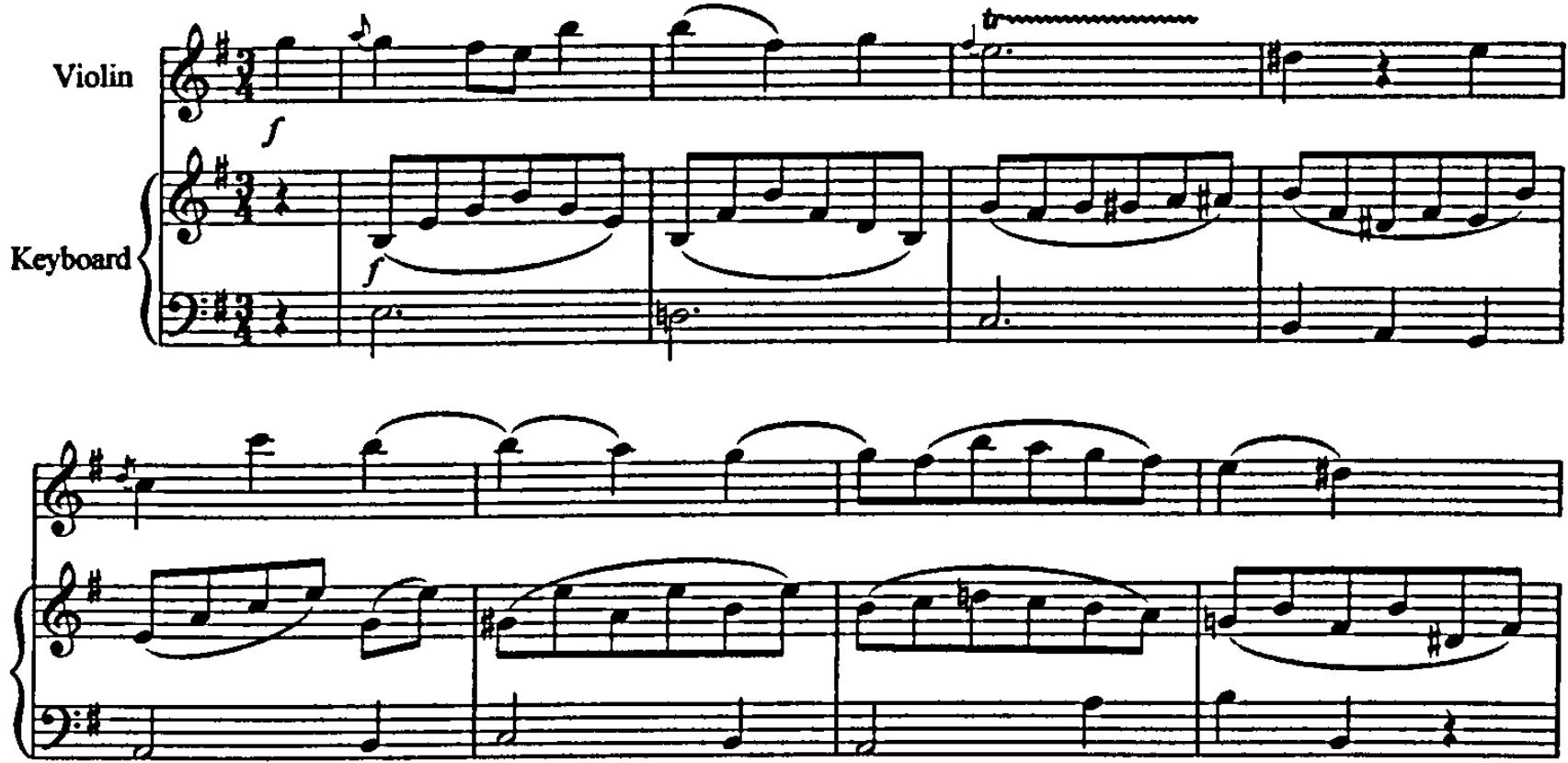 Example 5.3: K304, movement 2, bars 16-24.；Bar 78 (see example 5.4) sees the theme treated in a fragmented canon between the keyboard and violin parts, while the accompanying bass line consists of wide-ranging quavers which emphatically embellish the original minim-crotchet rhythm. At bar 135 (see example 5.5) the doubled theme is accompanied by triplet-quaver arpeggios: