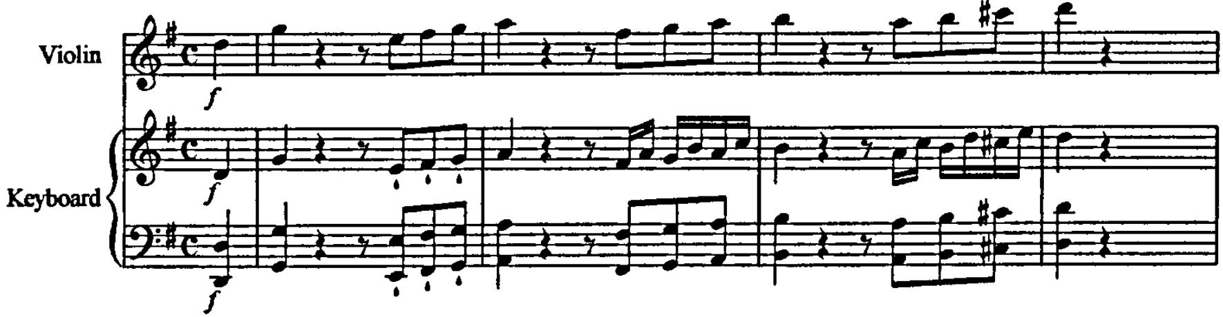 Example 5.8: K301, movement 1, bars 8-12.；In the piano treatment of this same theme, however, the keyboard and violin interact in seamless dialogue, thus removing the unisons and the punctuating rests: