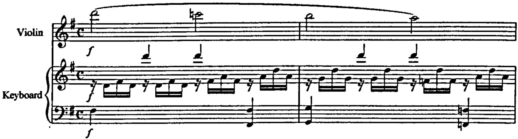 Example 5.12: K301, movement 1, bars 59-60. Sustained violin scale over keyboard passagework.