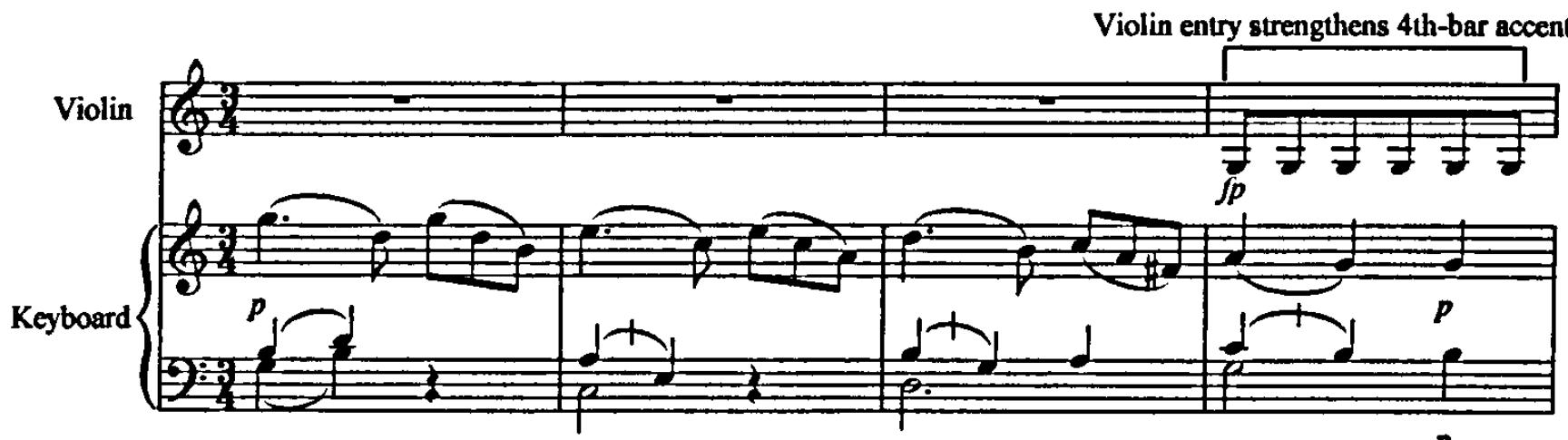 Theme extended, prolonging accentuation of every other bar；Example 5.22: K303, movement 2, bars 43-50.