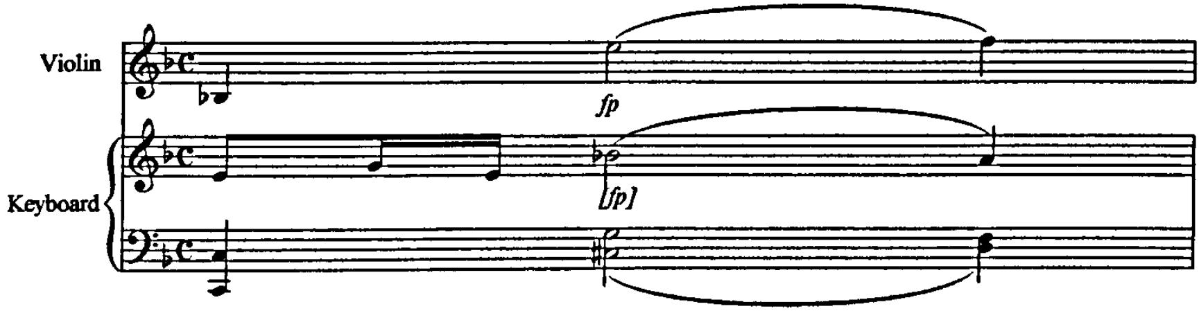 Example 5.28: K376, movement 1, bar 106, demonstrating accents which contradict metre but which reinforce dissonance. $^{54}$；The third movement of K380 provides an example not only of a dissonance on a weak beat, but also of an accent within a slur: