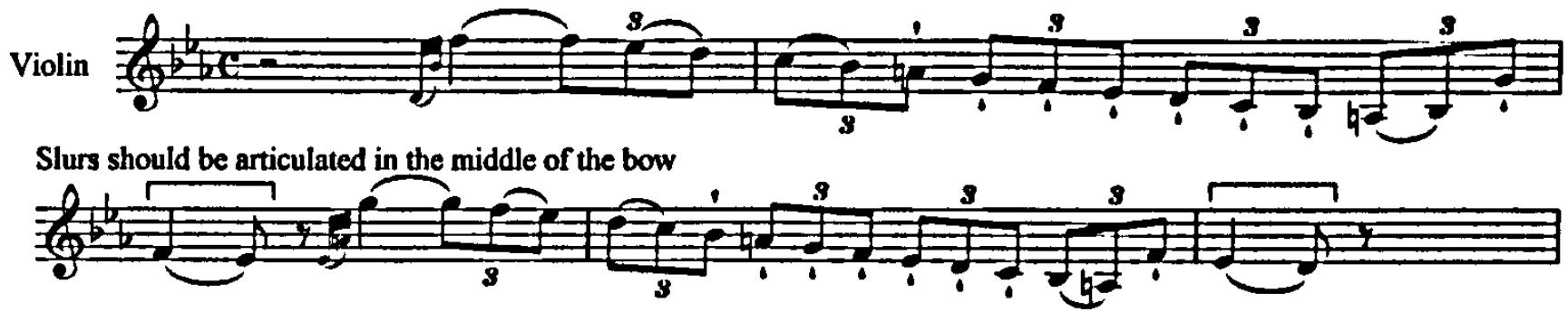 Later in this movement, fps are marked during passages containing quavers with strokes; in order to play these fps with enough power, the middle of the bow should be used throughout this passage (rather than the upper half of the bow), with a lifted stroke for the detached quavers: