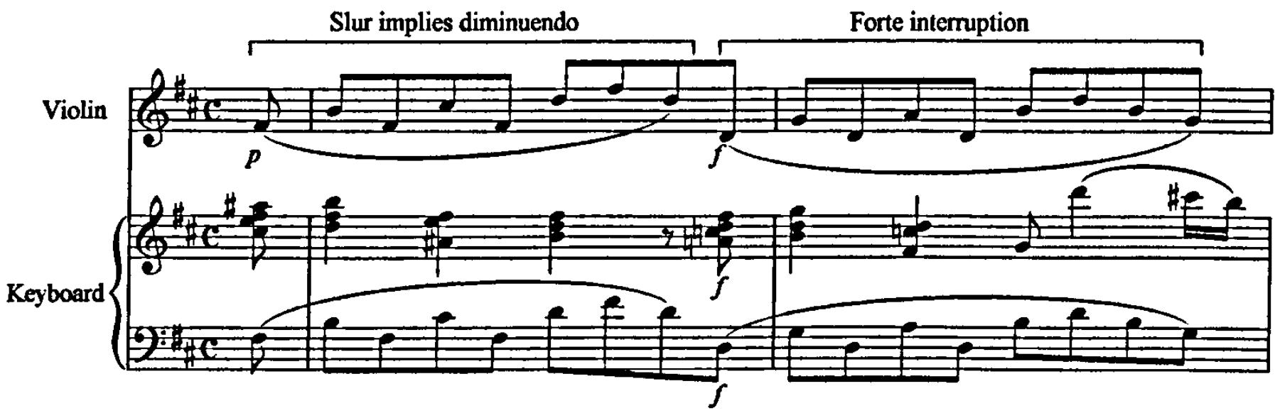 Example 5.67: K526, movement 2, bars 68-70.；The character of this emphasis is in stark contrast with Mozart&rsquo;s treatment of similar material at the upbeat to bar 81 (see example 5.68). The restatement of this theme forms a compound phrase, overlapping with the preceding phrase which cadences to D minor on the downbeat of bar 81. Here, the movement between minor and major keys is much more fluid that at bar 68, and this is enhanced by a graded