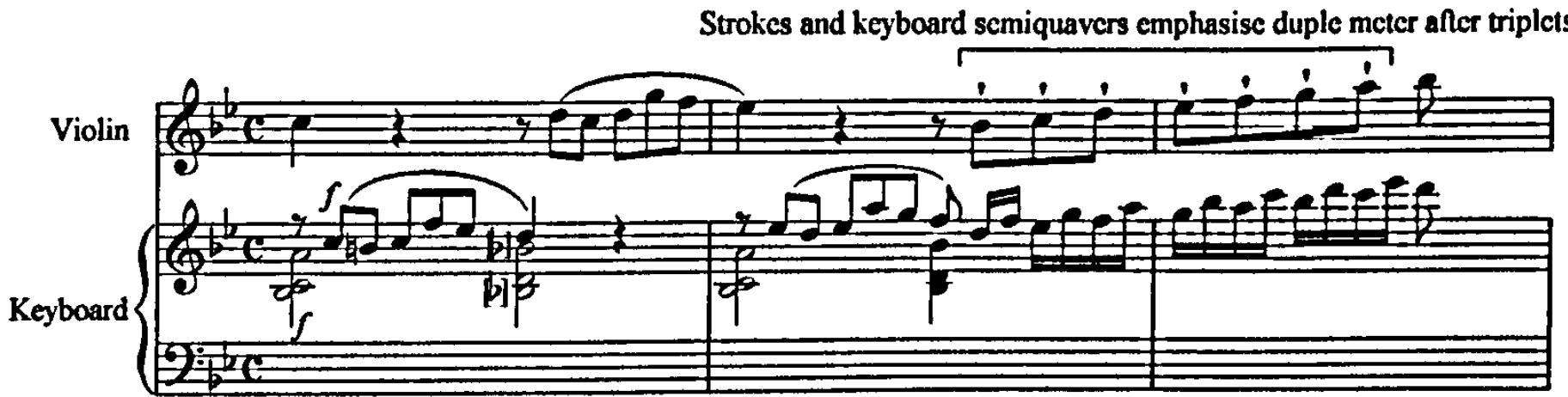 Strokes are used for the opposite rhythmic effect during the first movement of K380 (see example 4.28), highlighting the transition from a duple pulse to triplet passagework: