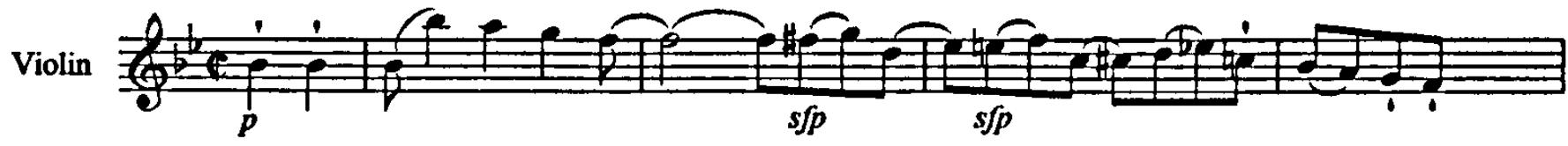 Other passages in this movement could also be ‘ornamented’ with playful syncopated bowings. For example, in bars 200 to 212 the same theme is heard twice. The octave leaps in the keyboard left hand and staccato marks in the melody lines are already light-hearted in character. Adding new articulations to the second playing of this material can serve to enhance this lively Affekt: