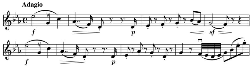 Example 5.17. Haydn, String Quartet, Op. 77, no. 1, 2nd movement, bars 1–8; 1918 Peters edition.