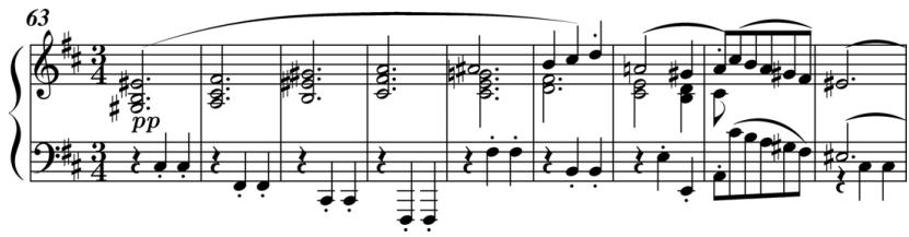 Example 5.23. Beethoven, Piano Sonata in D Major, Op. 28, 1st movement, bars $6 { \mathrm { 3 } } { \mathrm { - } } { \mathrm { 7 } } \mathbf { 1 }$