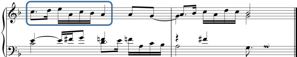 Frescobaldi: Libro primo, Toccata seconda, 16-17；Example 7: Truncated scale segments separate by a skip