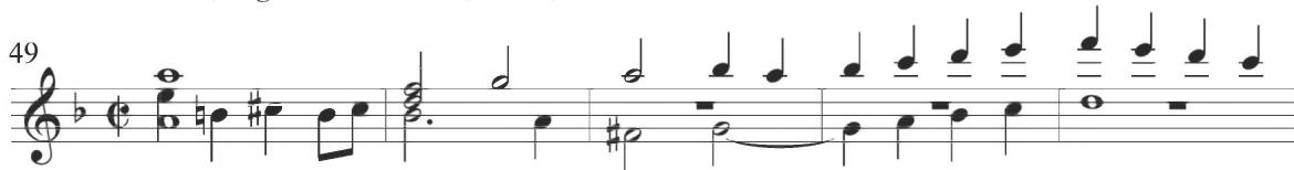 Measures 50 and 51 slow somewhat with a repeat of the previous motivic dotted figure in the lower voice. At the end of measure 51, the soprano initiates an extended arching stepwise