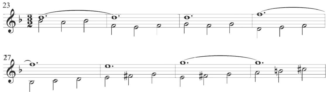Narváez, O gloriosa Domina, var. 3, mm. 23-30；This accompanying line moves to the upper contrapuntal voice in measures 31 to 32 and further incorporates rhythmically faster ornamental quarter notes on the final beat of each measure. This recurring musical material remains in the upper polyphonic voice throughout the following four measures and again in measure 39, consistently returning to the previous pattern of turn figures and stepwise motives through the remainder of the variation. Longer notes held across the bar lines in measures 33 to 34 and 40 through 43, producing a shift in primary rhythmic emphasis, are contained within the accompanimental line in this final segment of the third diferencia, as displayed below. This type of rhythmic shift is also frequently mimicked in later compositions within the Spanish variation tradition.