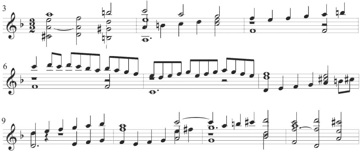 Narváez, O gloriosa Domina, var. 4, mm. 3-12；The first stylistic segment encompasses the initial five measures of the variation, with thick chordal motion in half notes throughout the first three measures, followed by a lessening of polyphonic texture and corresponding increase of rhythmic activity with an accompanimental scalar line in quarter notes through measures 4 and 5. Measures 6 and 7 further diminish the textural consistency and increase the notational movement, with a stepwise pattern in eighth notes over a single lower line consisting of just three relatively lengthy tones. The following four measures present an extended scalar passage in various contrapuntal voices in quarter notes against chordal thirds, with parallel motion between the outer voices at the end of measure 9. Measures 12 to 17 slow rhythmically and return to the preliminary chordal texture in steady half notes. A further shift in mensuration occurs at measure 18, producing a modern time signature of $9/4$ and effectually shortening the dominant note value of the concluding four measures of the