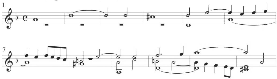 Narváez, O gloriosa Domina, var. 4, mm. 18-21；The soprano repeats this thematic figure in rhythmic diminution in measures 8 and 9. A notational pattern comprising a dotted half note and stepwise quarter note also appears in the soprano in measure 10 and is subsequently repeated throughout various voices in measures 17, 23, 26, 37, 44, 48, and 65. Strict musical correspondence to any specific thematic material dissolves by measure 11 and the diferencia proceeds into thick polyphony in a consistent four-voice texture. Contrapuntal lines drop in and out of the polyphonic arrangement as the section continues, and the soprano line incorporates a particularly high tessitura beginning in measure 29. Scalar motion in alternating voices dominates much of the remaining figuration of the diferencia. A distinctive motivic pattern within the upper polyphonic voices encompassing a preliminary turn figure in quarter notes immediately followed by an eighth-note scalar descent appears in measures 7, 15, 34, and 57. A repeated chromatic pattern comprising a turn figure with eighth notes occurs at measures 28, 46, 56, and 64, directly corresponding to a motive previously described in measure 49 of the first variation and measures 22 and 34 of the second