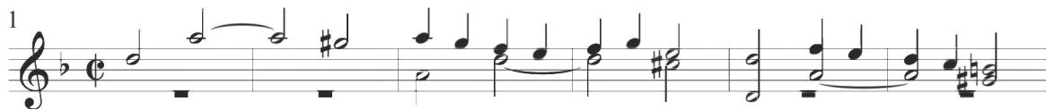 The overall rhythmic consistency of the work increases in notational value as the section progresses, with persistent scalar activity in quarter notes ultimately taking over the primary accompanimental pattern. Measure 21 again conveys a distinctive motivic pattern consisting of a chromatic turn figure, identical to the motive noted in the first, second, and fifth diferencias and continuing throughout later compositions. A relatively standard scalar pattern consisting of a half note and stepwise ascent in quarter notes and also common to the characteristic Spanish tradition appears in measures 9 to 10 and is immediately repeated and extended in measures 11 to 13, as exhibited below.