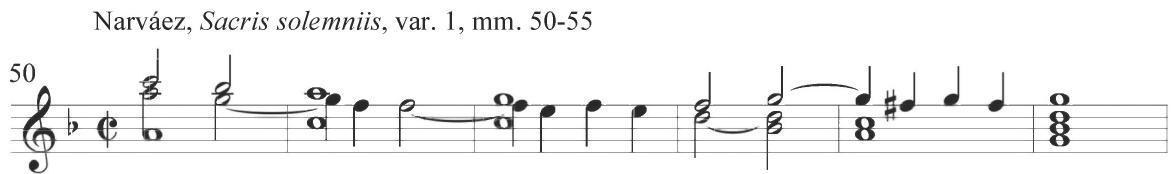 measure 23. An imitative turn motive is presented in quarter notes within the alto and soprano lines, respectively, in measures 52 and 54, as displayed below.；A general rhythmic slowing of the primary polyphonic texture occurs immediately after this musical figure, with the outer voices lying particularly far apart, and ultimately leads into the conclusion of this preliminary structural section.