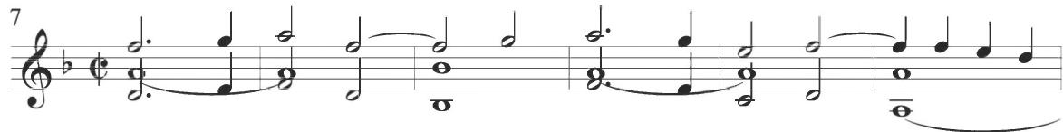 Narváez, Sacris solemniis, var. 2, mm. 7-12；Largely continuous scalar motion in quarter notes emerges throughout various voices in the following measures. The preceding dotted rhythmic motive is repeated in the bass in measures