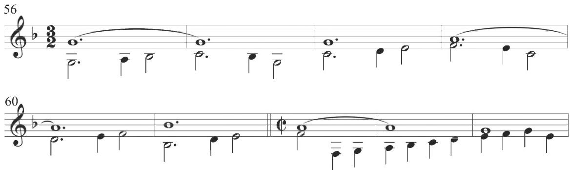 Narváez, Sacris solemniis, var. 4, mm. 56-64；The final binary temporal segment of the variation incorporates an extended scalar ascent in quarter notes in the lower voice leading into the final cadential chord. Although fourth in tangible number, this variation is somewhat enigmatically designated as the fifth diferencia of the set in the original collection of Narváez. There seems to either be an error in numbering or the actual fourth variation was suppressed or omitted in the printing of the original collection.