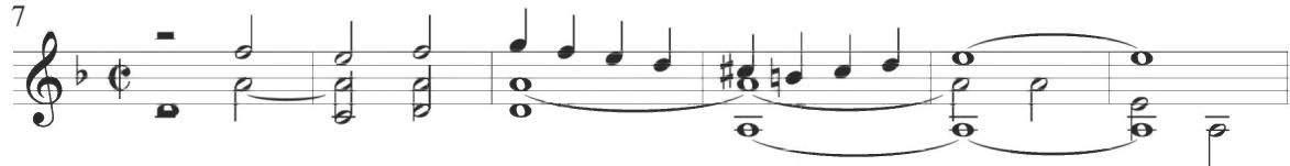 Narváez, Cuatro diferencias sobre Guárdame las vacas, var. 1, mm. 7-12；At measure 9, the soprano initiates a descending scalar line in quarter notes, followed by a chromatic turn figure in measure 10, providing two forms of figuration characteristic of the continuing Spanish technique. The inner voice moves in rough rhythmic conjunction with the