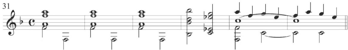 Narváez, Ventidós diferencias de Conde Claros, mm. 31-36；The upper melodic line quickens rhythmically through the course of the segment, including whole notes, half notes, and encompassing a rhythmic pattern in intervallic descending thirds in quarter notes in the last two measures of the variation.