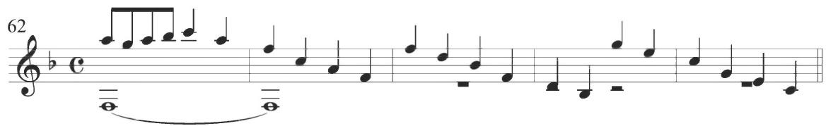 Narváez, Ventidós diferencias de Conde Claros, mm. 62-66；The twelfth diferencia, including measures 67 through 72, once again includes constant, rapidly-moving soprano figuration through scalar patterns and repeated turn motives in eighth notes. The final two measures of the variation incorporate a scalar descent in quarter notes. These last two measures correspond exactly to the two concluding measures of the second diferencia. The preceding soprano figuration is also distinctly similar through both sections,
