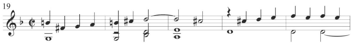 Narváez, Otras tres diferencias, var. 2, mm. 19-23；The third variation shifts the fundamental texture of the preceding segments to encompass much of the continual figural motion within the lowest polyphonic voice. This bass