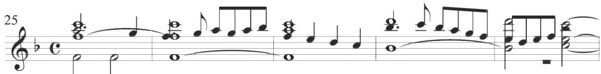 The two other upper contrapuntal voices of the variation remain relatively calm and notationally slow-moving, in close stylistic conjunction with the thematic bass line, but the soprano voice