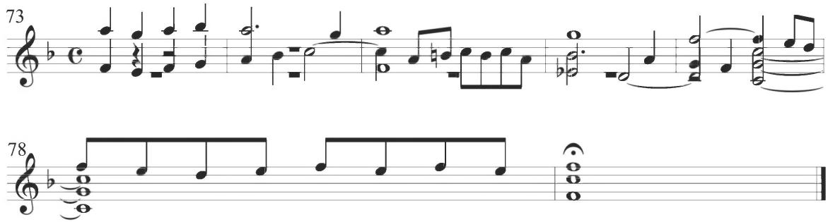 Mudarra, Conde Claros, mm. 73-79；A musical figure in eighth notes closely related to numerous similar patterns in preceding variations and initially corresponding to the final intervallic motive in quarter notes first appearing in the first variation is employed within the tenor line in measure 75 and somewhat varied at measure 78 in the soprano, leading into the final chordal conclusion of the composition.